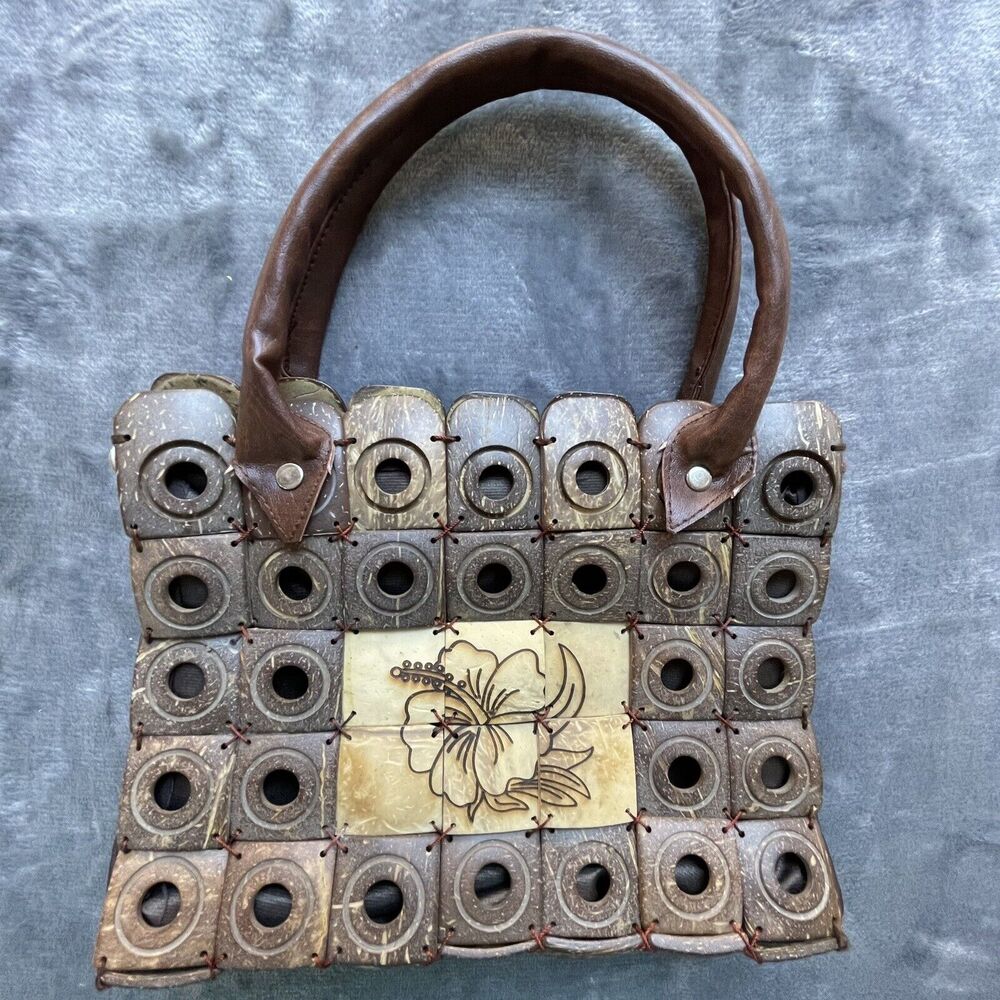 Coconut Purse Brown Hawaiian Hibiscus Natural Tropical Square Clutch Tiled‎